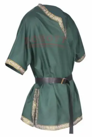 Adult Men Medieval Knight Warrior Costume Green Tunic Clothing Norman Chevalier Braid Viking Pirate Saxon LARP Top Shirt