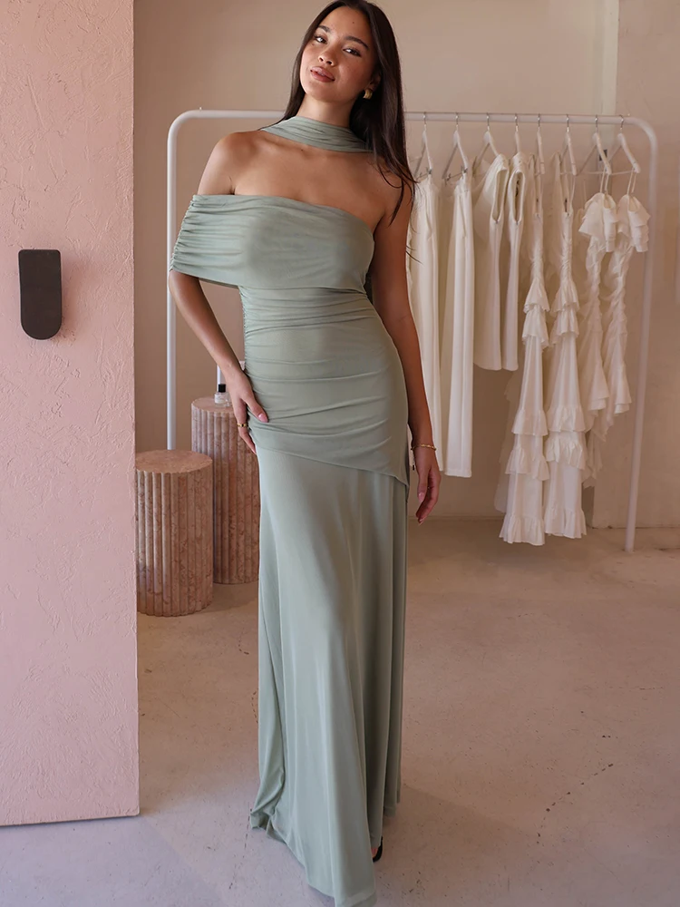 

JULISSA MO Sexy Off Shoulder Scarf Maxi Dress For Women Green Backless High Waist Dress Autumn Slim Elegant Party Evening Dress