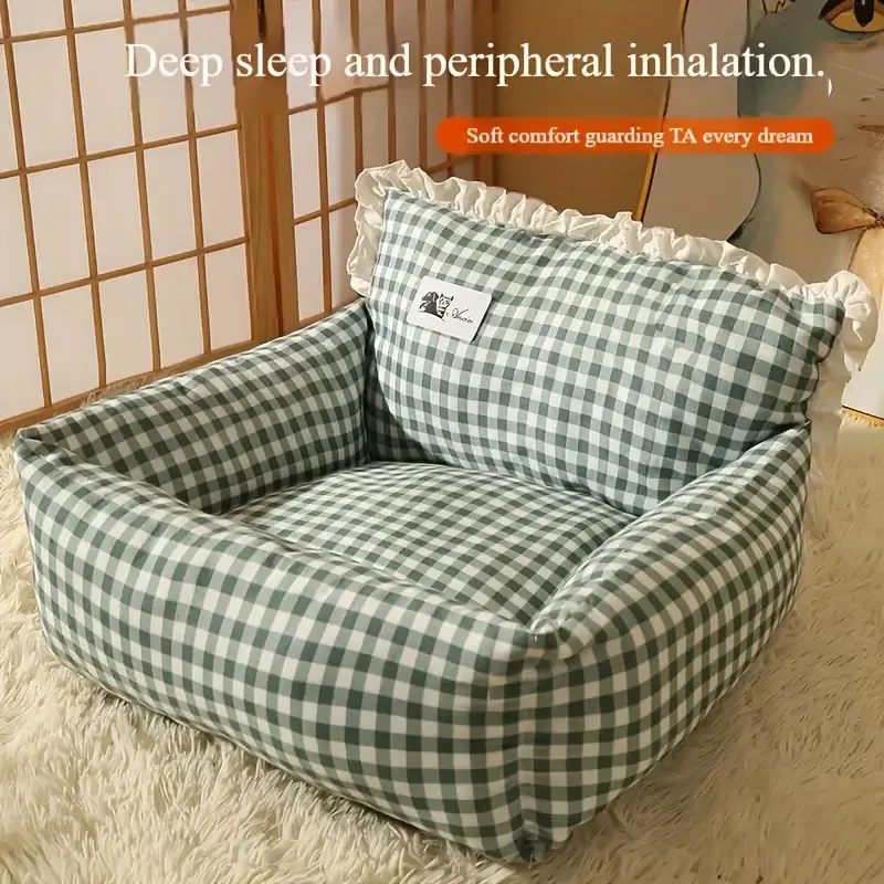 

Four seasons checkered pattern cute pet sofa bed plush support chair comfortable indoor pet furniture with plush cushion