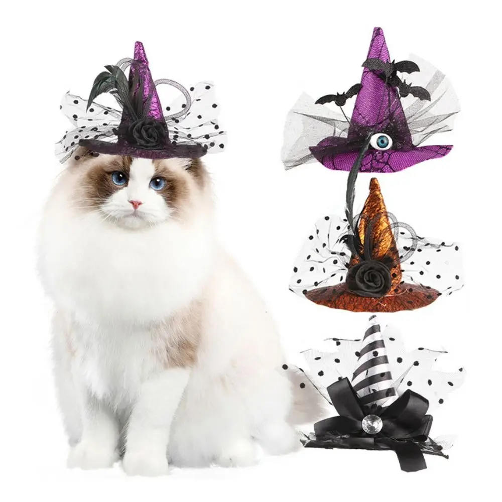 Engraçado decorativo animal de estimação bruxa chapéu ajustável rendas gato cosplay chapéu listra cão morcego chapéu para gato filhote de cachorro