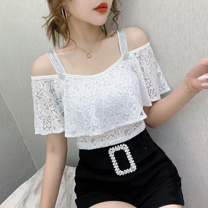 Summer New Hollow Out Off Shoulder Slim Tops Tees Solid Color Lace Patchwork Office T Shirts Elegant Fashion Women Clothing