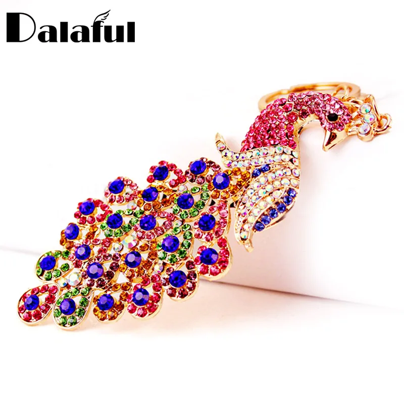 Dalaful Gallant Full Crystal Peacock Key Chains Rings Holder Noble Purse Bag Buckle Pendant For Women Keyrings KeyChains K282