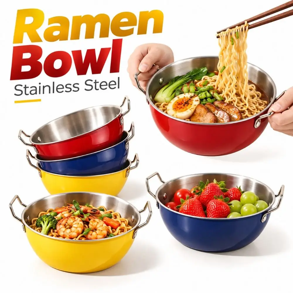 New Stainless Steel Ramen Bowl Double Ear Handles Thickened Soup Bowl Colorful Heat-Insulating Mixing Bowl Home Kitchen