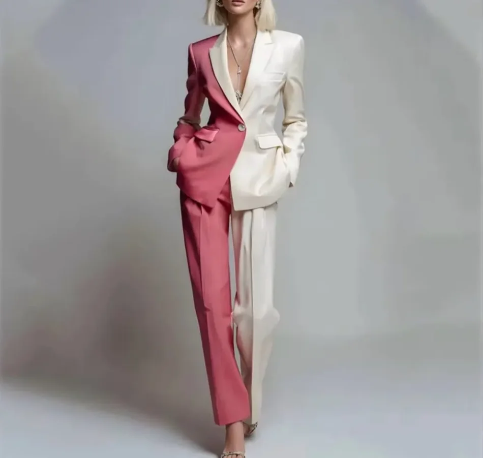 

Pink White Women Suit Set 2 Pcs Blazer+Pants Trousers Spring Customized Formal Guest Wedding Tuxedos Coat Prom Party Jacket