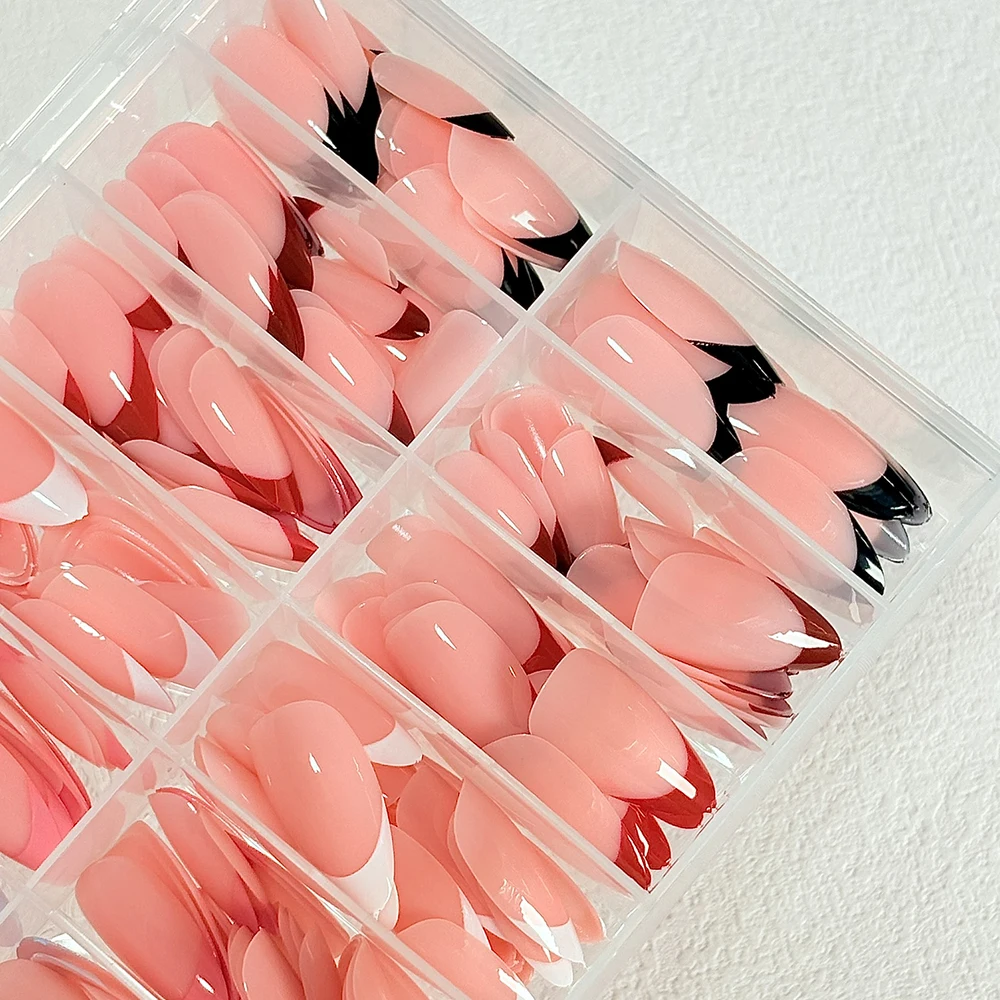 288 szt. Sztuczne paznokcie typu French Tips, akrylowe, migdałowe, pełne pokrycie, sztuczne paznokcie w kolorze czerwonym/czarnym/białym, owalne, do przedłużania paznokci dla kobiet.