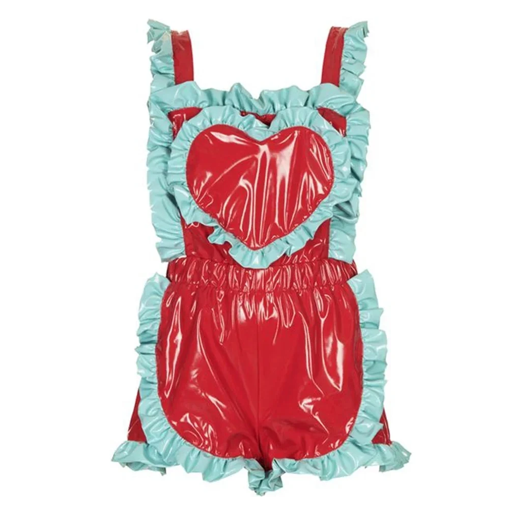 

Two Tone Patchwork PVC Camisole Sleeveless Jumpsuit Shorts with Heart-shaped Pattern Decoration on the Chest Elastic Waist And