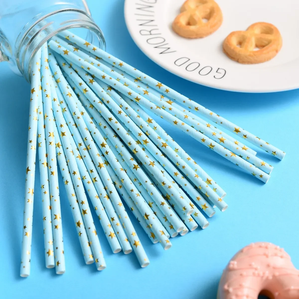 Blue Paper Straws Snowflake Blue Stripes Disposable Straw for Winter Holiday Xmas Beverage Cocktail Birthday Home Party Supplies