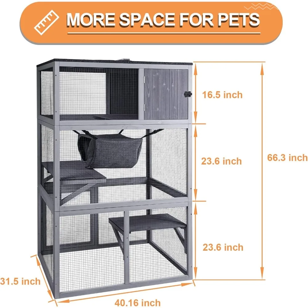 Houten kattenhuis, 3-vloers kattenbehuizing voor buiten, grote kattenbox voor binnen met hangmat en rustbox, kattenkooi waterdicht