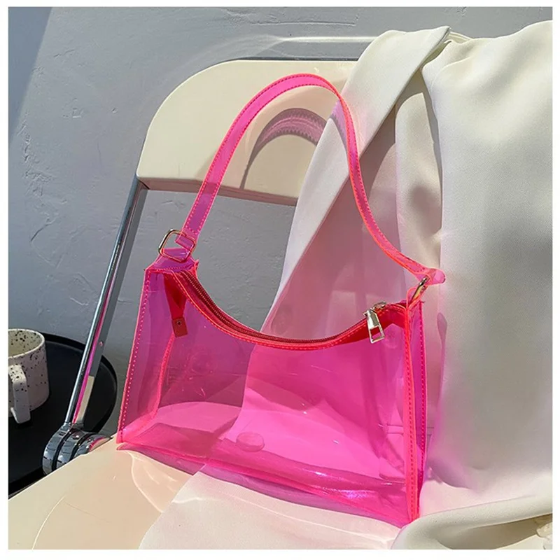 Fashion Vintage Ladies Jelly Solid Color Clear Underarm Bag Casual Women Hobos Handbags Purse Fashion Cell Phone Shoulder Bag