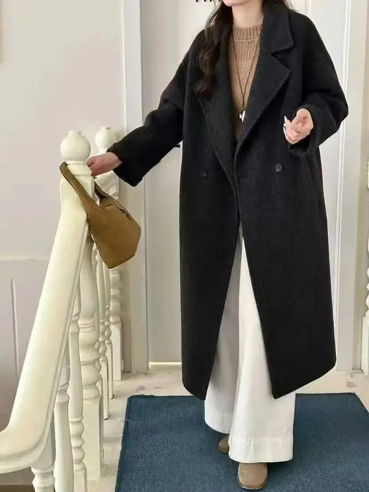 YERMORA Czarny Płaszcz Wełniany z Grubą Klamrą dla Kobiet, Luźny Krój, Długi Rękaw, Nowy Płaszcz Wierzchni, Modny Styl, Jesień Zima 2025