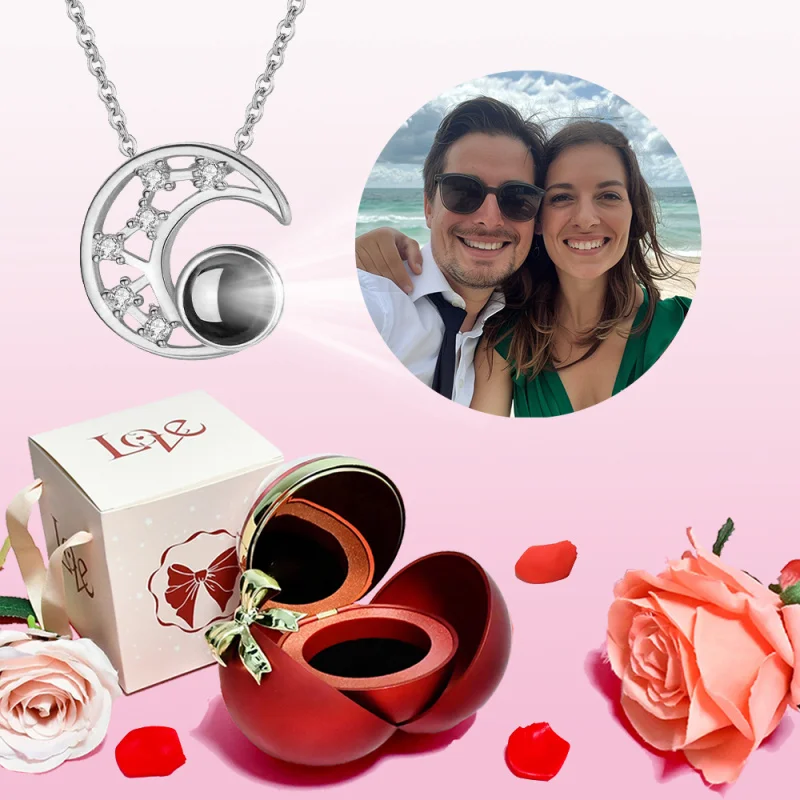 

Custom Photo Luxury Pendant Necklace With New Bow Rose Round Jewelry Box For Girlfriend Mom Wife Romantic Love Gifts