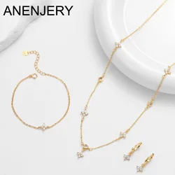 ANENJERY Four-leaf Flower Zircon Chain Jewelry Sets With Necklace Bracelet Earring for Women Light Exquisite Trendy Jewelry Gift