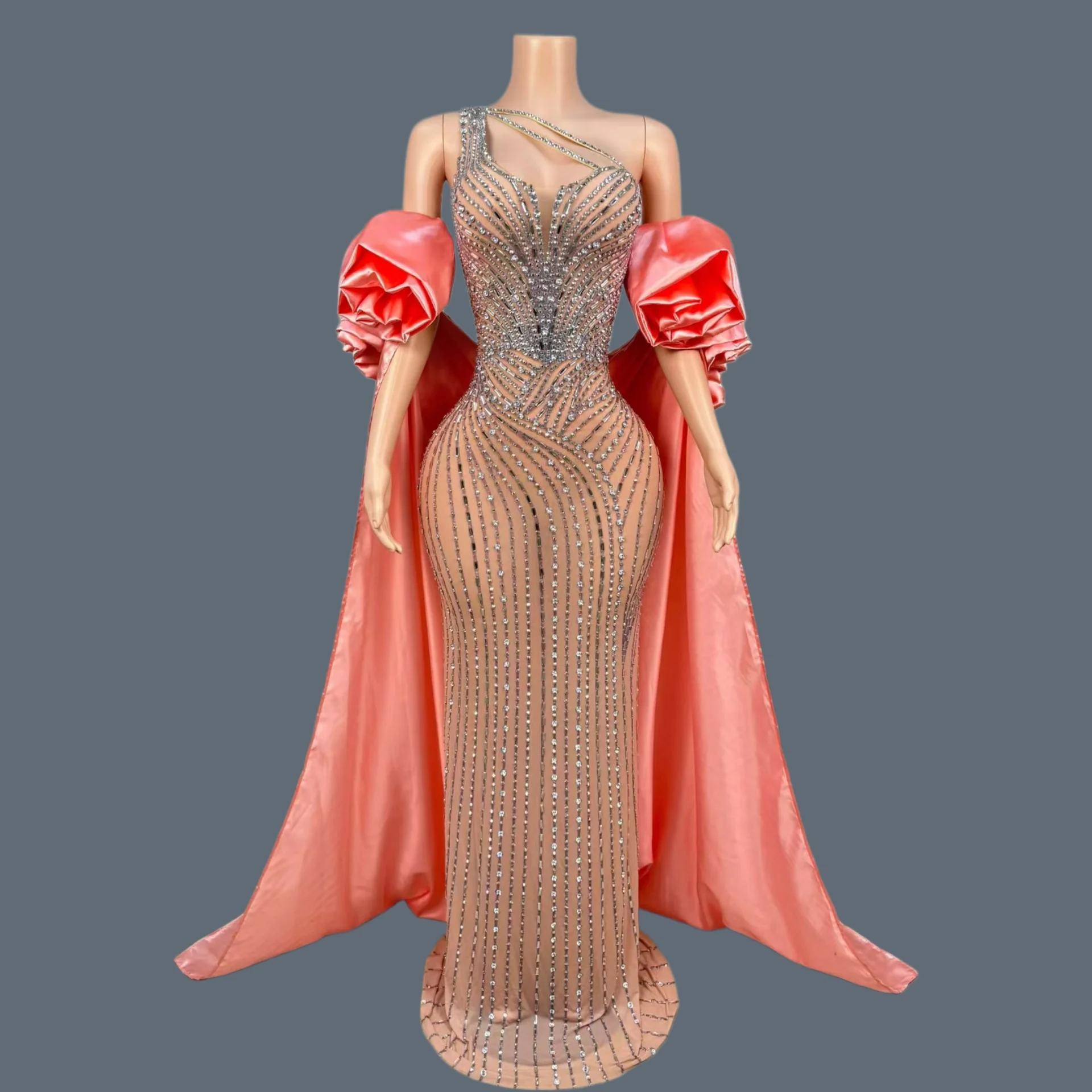 

Sparkly Silver Rhinestone Sheer Mesh Outfit Luxury One Shoulder Mermaid Maxi Dress Coral Satin Cape Formal Evening Gown Mudan