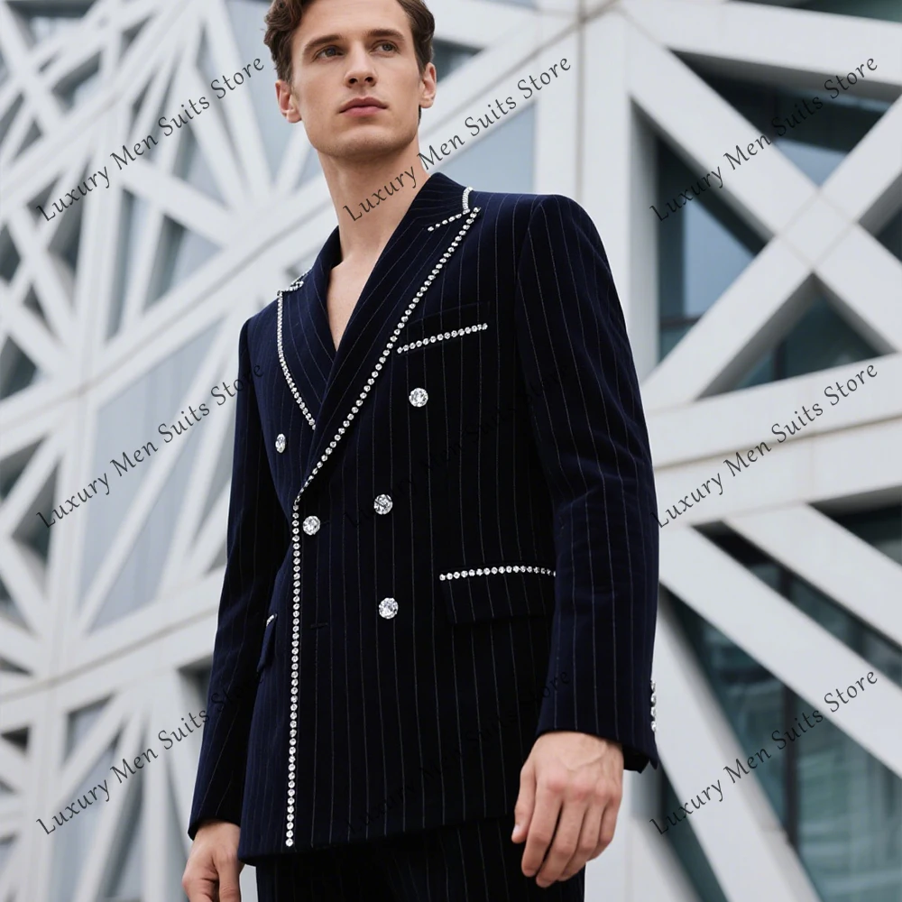 

Loose Stripe Suits for Men 2 Pieces Crystal Tuxedos Double Breasted Wedding Groom Outfit Customized Blazer Pants fatos de homem