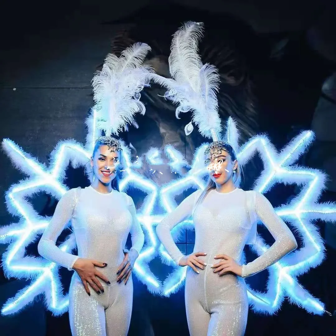 

Luxury White Luminous Snowflake Backboard Feather Headdress Suit Female Gogo Business Costume Christmas Party