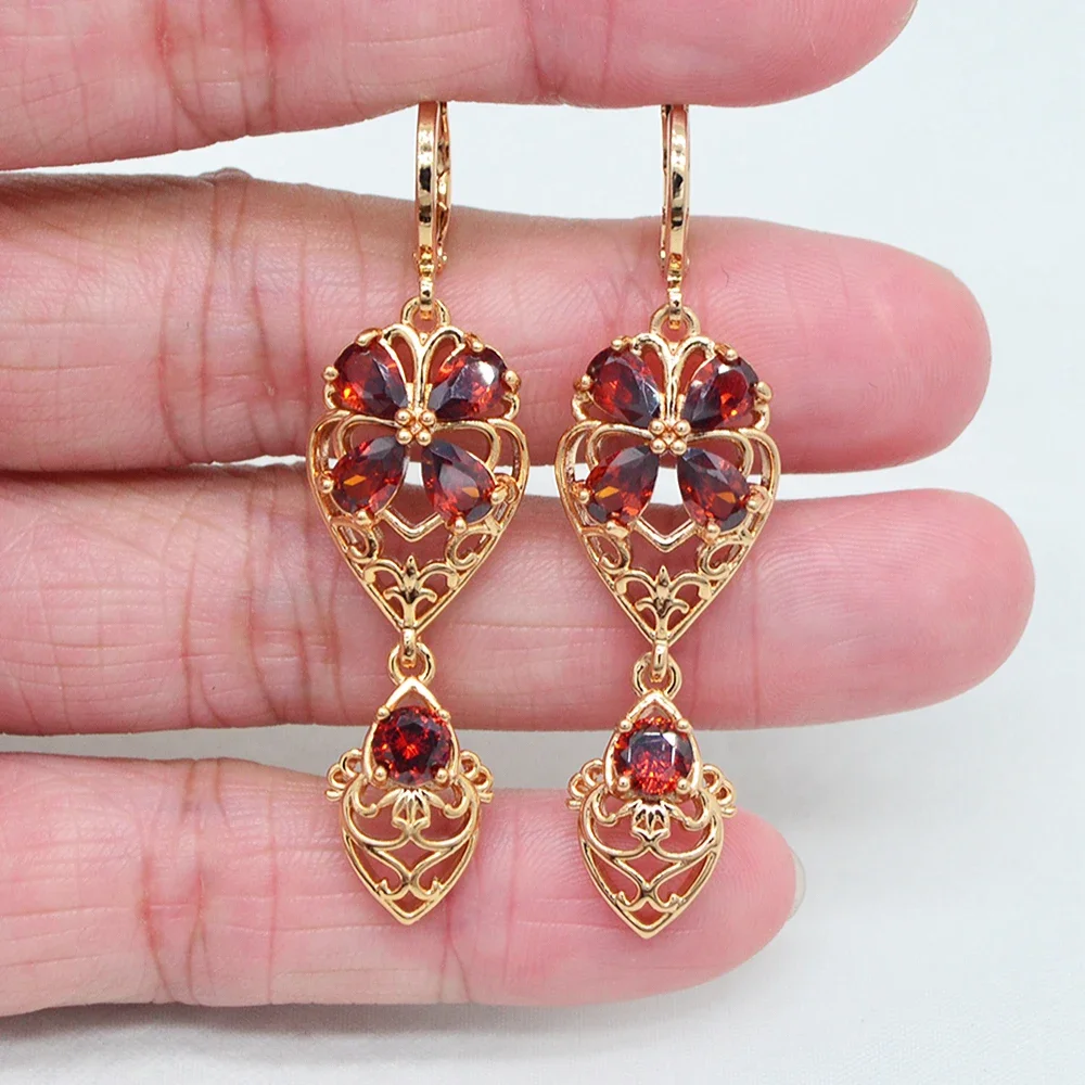 Fashion Gold Color Green CZ Zircon Flower Dangle Wedding Earrings for Women