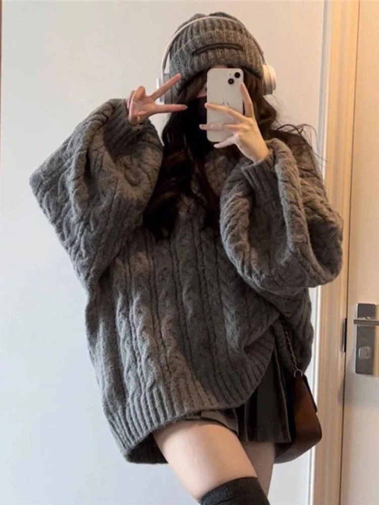 Jmprs Sweet Preppy Style Grey Sweaters Women Korean Vintage Oversize Loose Knitted Pullovers Autumn Winter V Neck Harajuku Tops