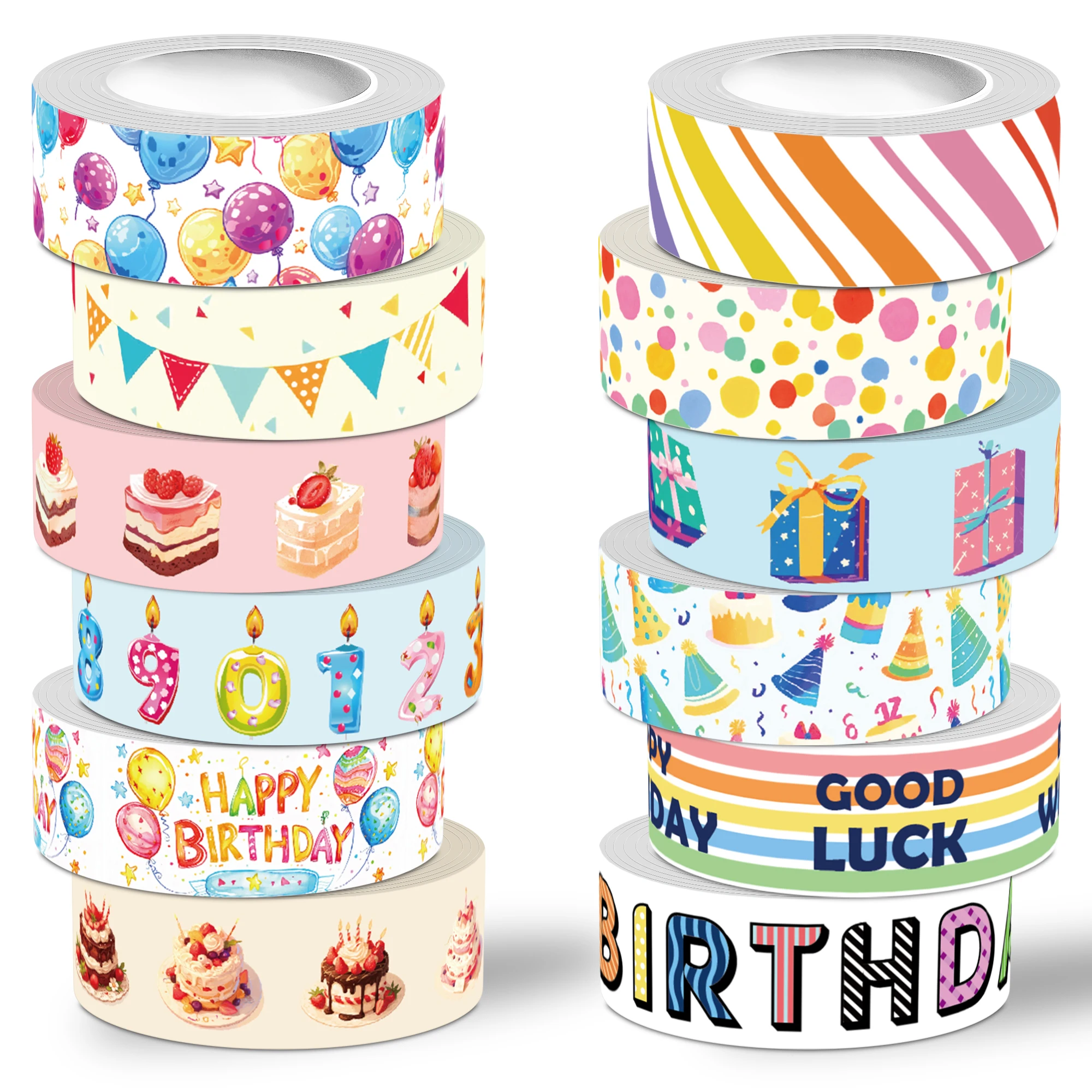 Feliz Aniversário Washi Tape Set, fita adesiva para Journaling, colorido, decorativo, bolo, velas, balões, 12 rolos