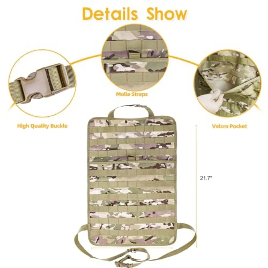 Tactical Vehicle Seat Back Organizer, Universal Tactical Seat Cover Molle Panel with 5 Detachable Pouches - Medical, Phone, Adm