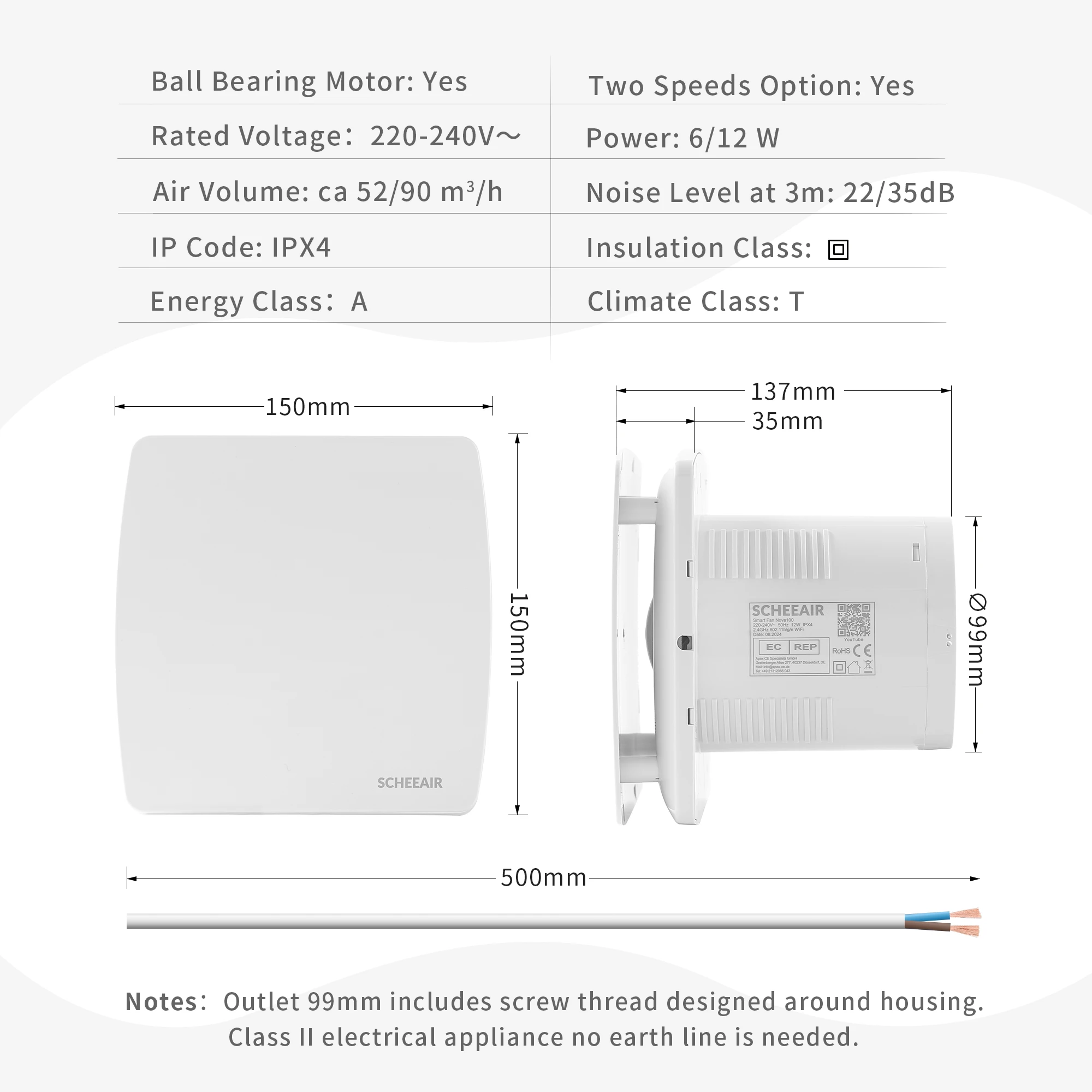 100 مللي متر تويا سمارت لايف واي فاي مروحة عادم الحمام الذكية Nova100 مع مستشعر الرطوبة محس حركة الموقت