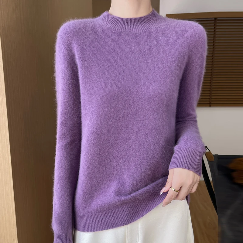 New Spring Autumn 100%Merino Wool Sweater Women Half high collar Long Sleeve Pullover Solid Color Knitwear Clothing Tops Fashion