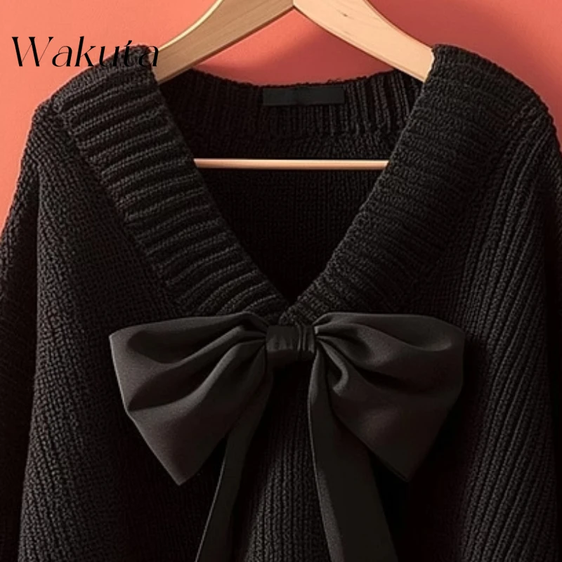 WAKUTA Fall Classic V-neck Long-sleeved Black Pullovers Fashion Bow Decorative Loose Simple Versatile Knitted Sweaters 여성 반팔 니트