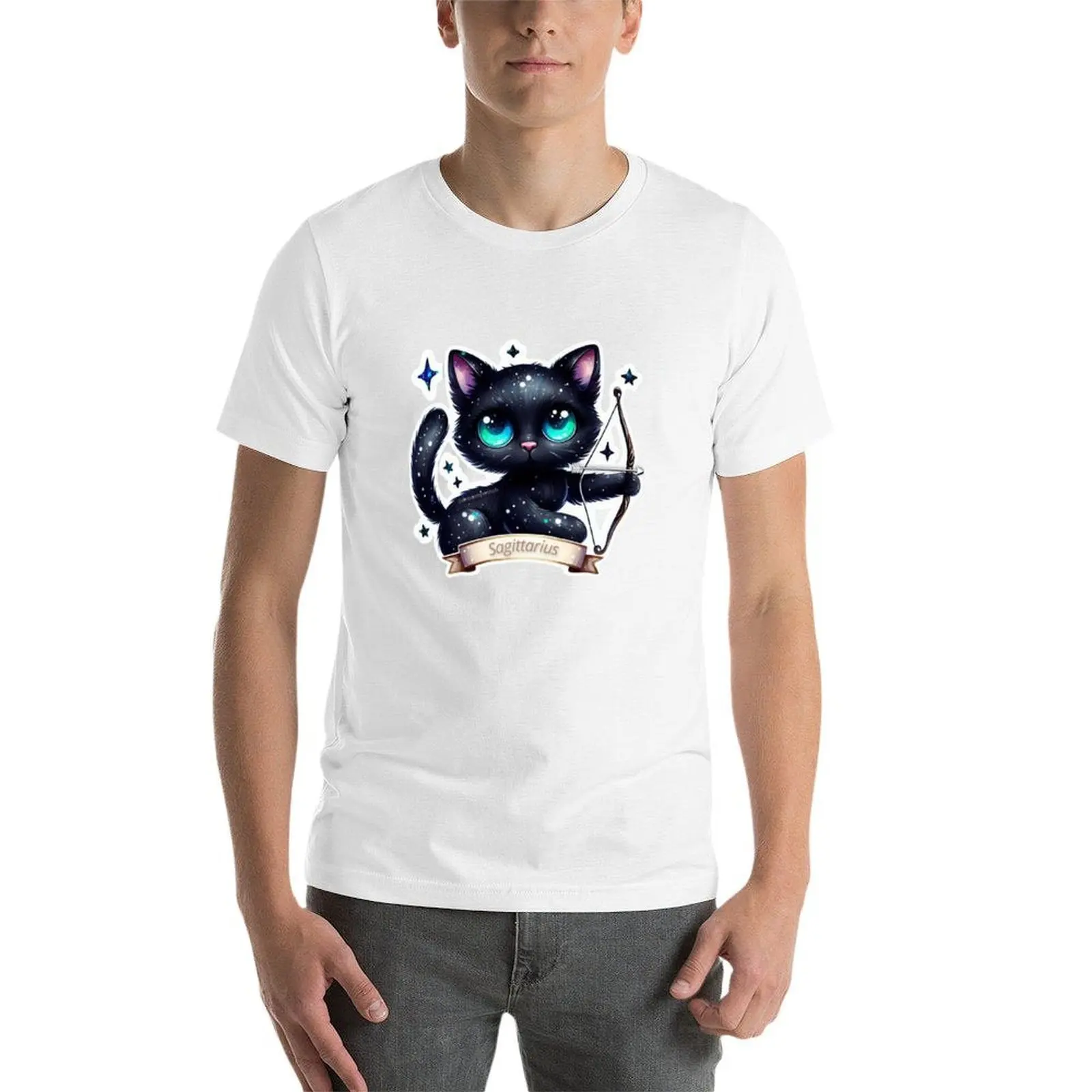 تي شيرت Sagittarius Black Cat تي شيرت رجالي برسوم جرافيك تي شيرت مصمم