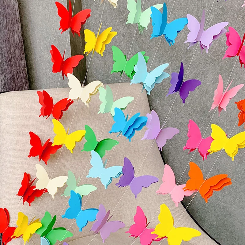 2M Colorful 3D Butterfly Banner For Wedding Birthday Party Romantic DIY Hanging Paper Garland For Living Room Decor Supplies