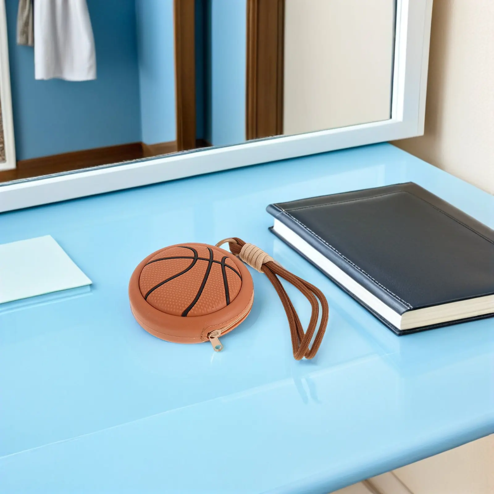 Basketball Earphone Storage Pouch Coin Purse Portable Basketball Shape Bag Sports Keychain Wallet Organizer for