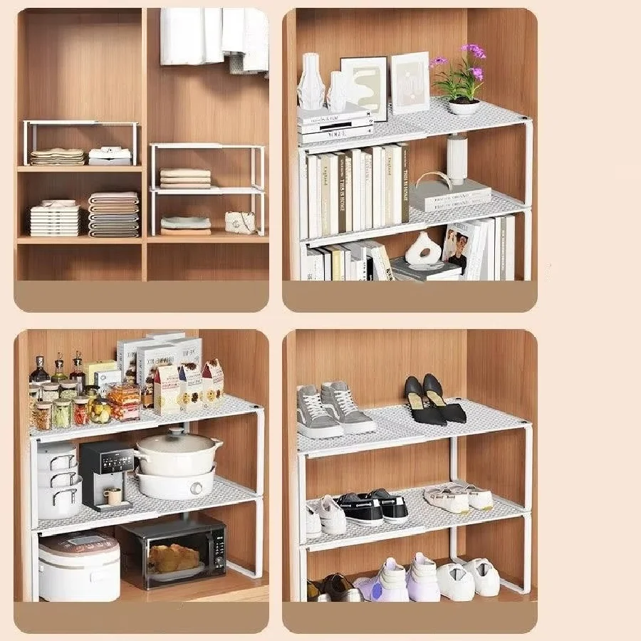 Cabinet Layered Close Stackable Storage Rack Adjustable Expandable Closet Shelf Organizer Metal Mesh Wardrobe Divider, Multi-use