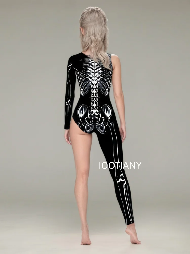 Gotischer Halloween-Skelett-Print-Bodysuit für Damen, One-Shoulder, einlanger Ärmel, asymmetrischer, enger Jumpsuit, Bühnen-Rave-Outfit – Detail 17