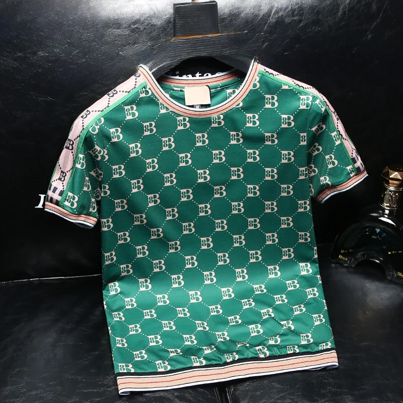 

ZhanChao Brand Ice Silk Cotton ort Sve T-irt Men's Summer Faion Slim Fit B-Word Print f Sve Top Men's Clothing