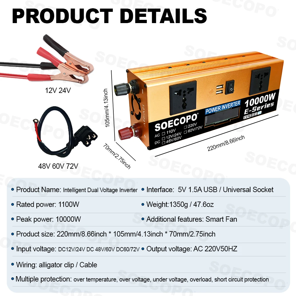 SOECOPO 10000 واط سيارة العاكس (2 منافذ USB 2 مآخذ) الجهد المزدوج DC12V/24 فولت 48 فولت/60 فولت 60 فولت/72 فولت إلى التيار المتناوب 220 فولت محول جهد كهربي التخييم RV