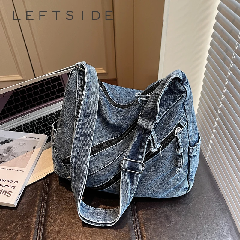 

LEFTSIDE Denim Shoulder Bag for Women Multi-Pocket Canvas Messenger Bag with Wide Strap Casual Females Crossbody Purse
