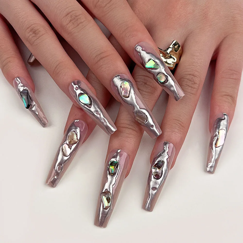 24Pcs Halloween Press On Nails Punk Y2K Girls Long Ballet Fake Nails 3D Sparkly Colored Diamond Detachable False Nails