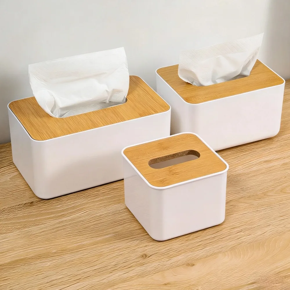 Neuer Minimalistischer Bambus-Holzdeckel Taschentuchbox Plastik-Serviettenhalter für Zuhause Wohnzimmer Badezimmer Büro Schreibtisch Aufbewahrungsorganizer