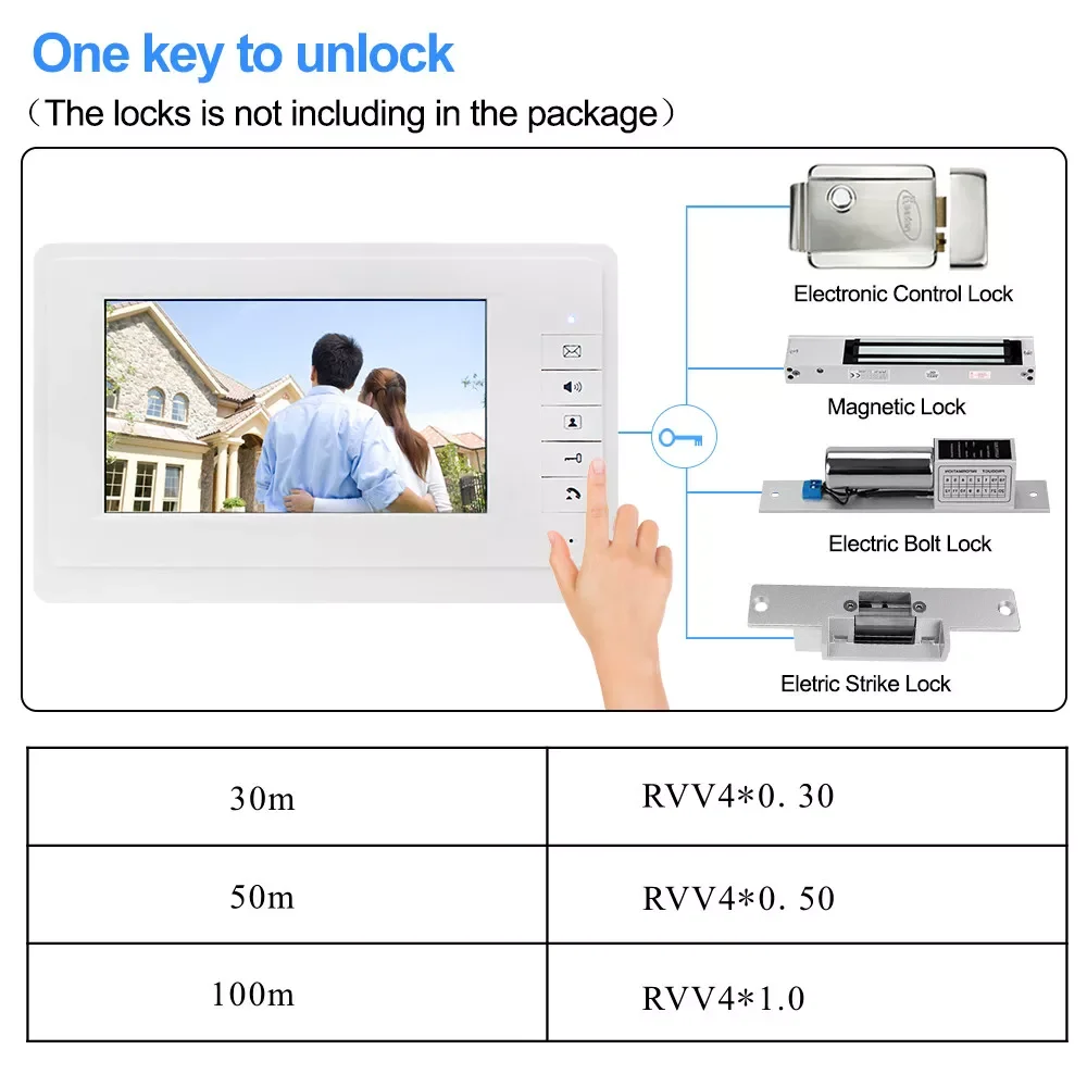 Moniteur d\'intérieur filaire avec câble 4C, système d\'interphone vidéo domestique, interphone, sonnette, écran d\'intérieur, document TFT, 7 pouces,