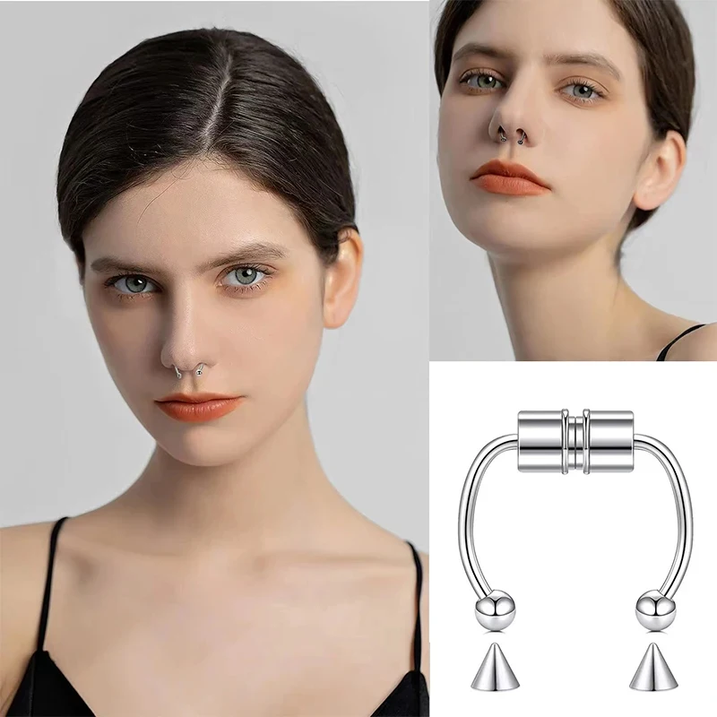 1/2/3pcs Fake Piercing Nose Ring Hoop Septum Non Piercing Nose Clip Rock HipHoop Stainless Steel Magnet Fashion Punk Body Women view 2
