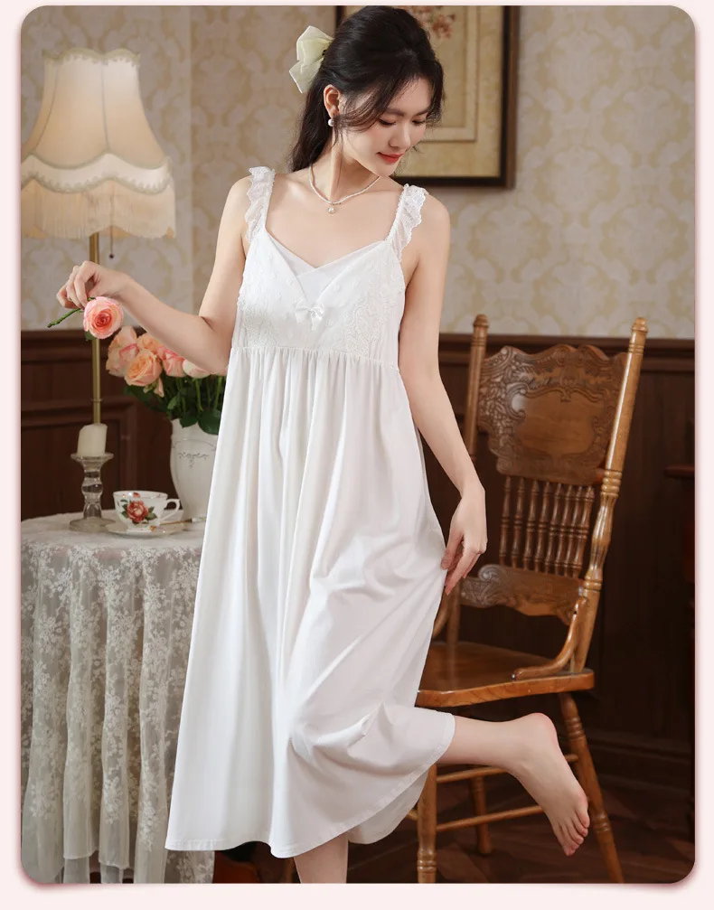 

Elegant Lace Embroidery Pajamas Sleepwear Women Princess Dress Summer White Sleeveless Sleepshirts Vintage Nightgowns Nightdress