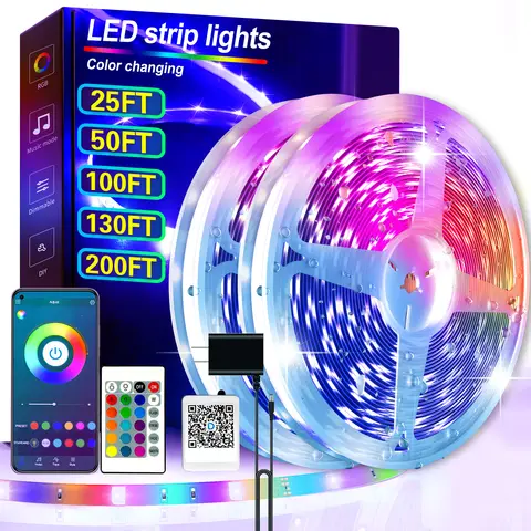 25/50/100/130/200FT RGB LED Smart Light Strip, App & 24-Key Remote Control, Music Sync, 24V, Multiple Modes for Living Room Bedroom Courtyard Party Halloween Christmas Decor