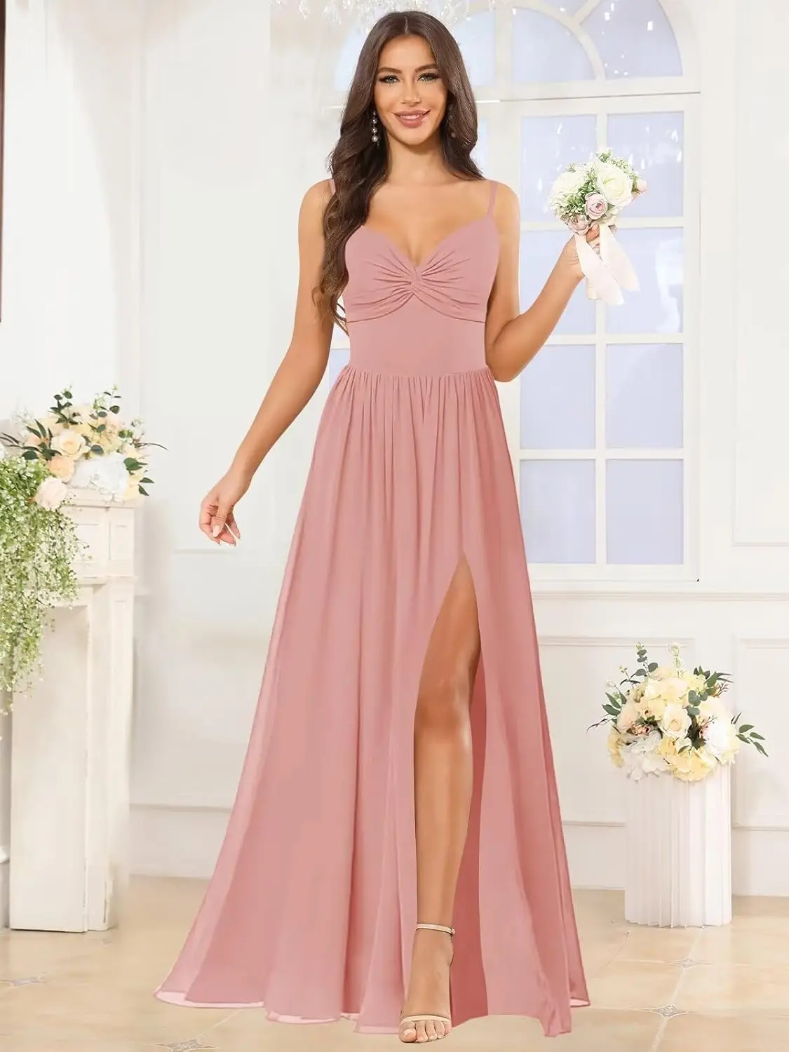 Dames A-lijn V-hals Bruidsmeisjesjurken voor dames met split Spaghettibandjes Geplooid Chiffon Formele avondjurk Feestjurk