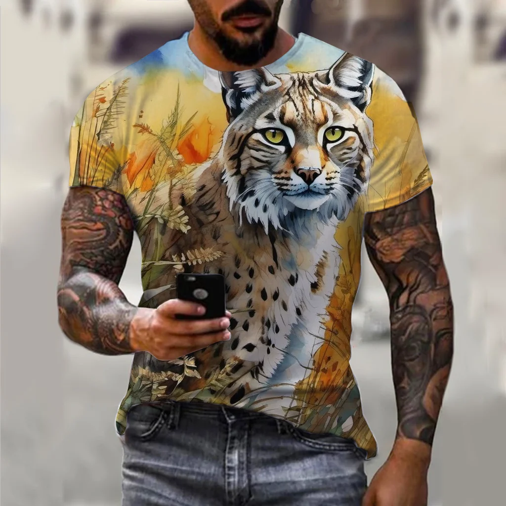 2024 summer new men\'s summer men\'s casual t-shirt 3d printed lynx bobcat print unisex short-sleeved fashion trend home wear