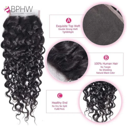 Imagen 2 del producto 12A Cierre de encaje Cabello humano ondulado con agua 4x4 Cierre de encaje Extensiones de cabello humano de encaje suizo 100% cabello humano Cierre de encaje transparente