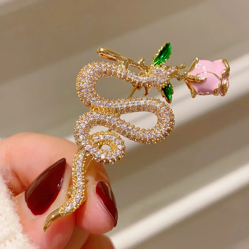 Light Luxury Rose Snake Brooches For Women Girls Exquisite Zodiac Snake Enamel Pins Shiny Corsage Clothing Accessories Gift