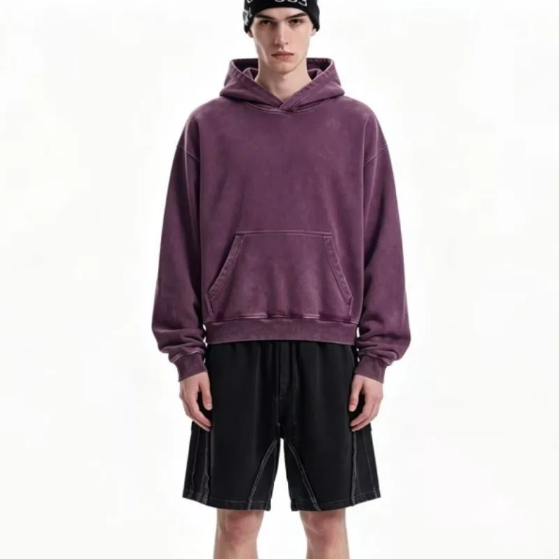 26SS Classic Design Men's Hoodies Pure Cotton Washed Water Grind Retro Distressed Hoodie Couple Oversizde Cropped Hoodie Top