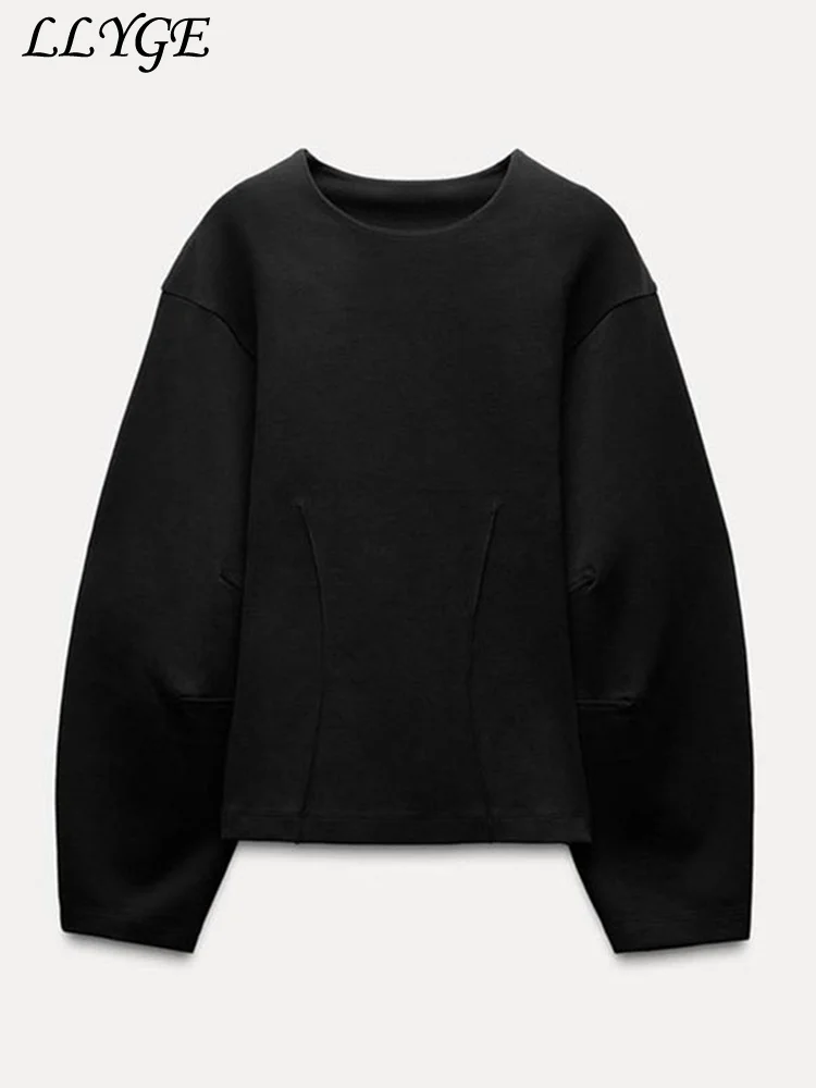 Casual Solid Pants Sets 2 Piece For Women Loose O-neck Long Sleeve Pleated Pullovers Wide Leg Trouser 2024 Autumn Lady Tracksuit