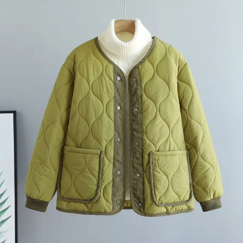 

Corduroy Seamless Design Dotted Trendy Cotton Coat Women's New Fall/winter Style Round Neck Short Stature Loose Warm Cotton Coat