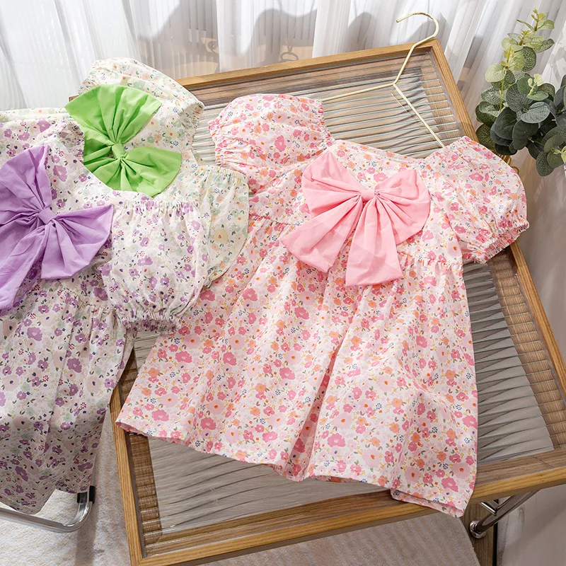 Summer Girls\' Dress New Children\'s Clothing Sweet Bubble Sleeves Fragmented Flower Princess Dress Cute Bow Puff Dress