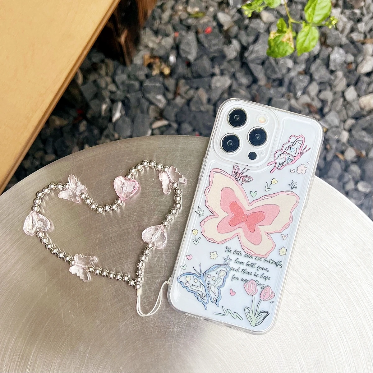 Non-slip Color Butterfly With Love Butterfly Cyan Chain Phone Case For iPhone 15 14 13 12 11 Plus Mini Pro Max X XS XR 7 8 Cover