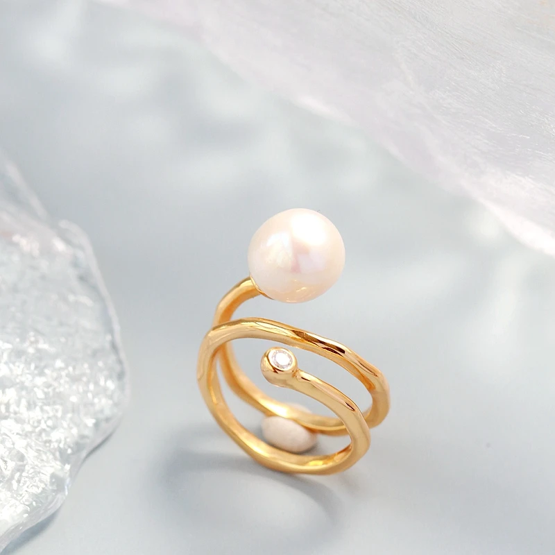 

Natural Freshwater Baroque Pearl Ring Retro Style 925 Sterling Silver 18K Gold Plated Fashion Women Opening Adjustable Rings